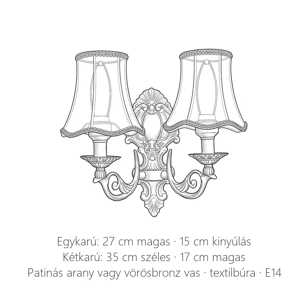 Klasszikus vas fali lámpa méretei: egykarú 27 × 15 cm, kétkarú 35 × 17 cm