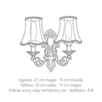 Klasszikus vas fali lámpa méretei: egykarú 27 × 15 cm, kétkarú 35 × 17 cm