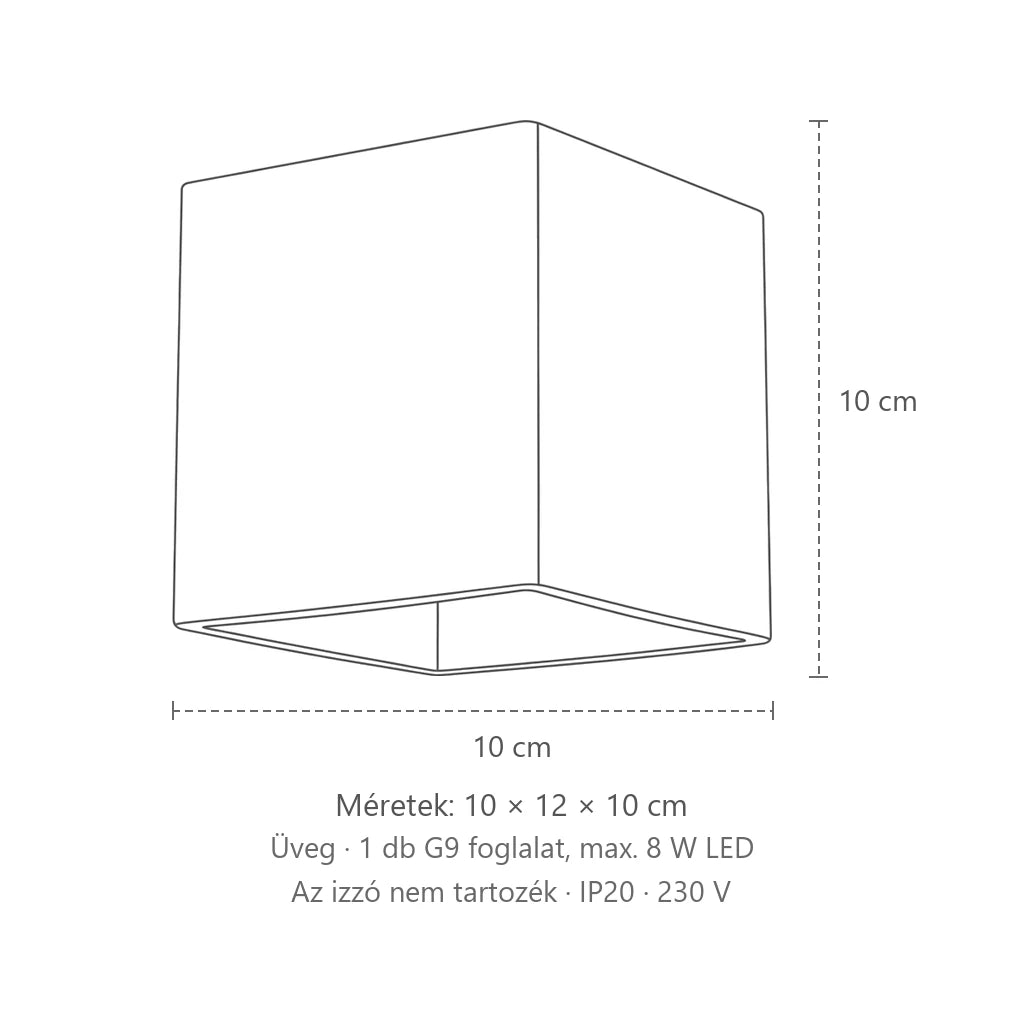 Kocka alakú opál üveg fali lámpa méretei: 10 × 12 × 10 cm