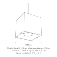 Kocka alakú alumínium függőlámpa méretei: búra 10 × 10 cm, teljes magasság max. 110 cm