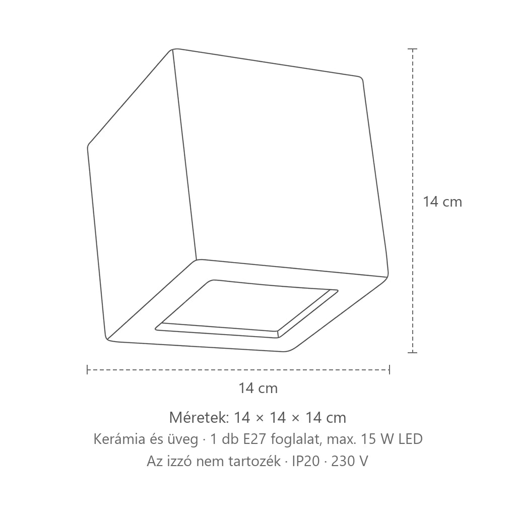 Kocka alakú fehér kerámia fali lámpa méretei: 14 × 14 × 14 cm