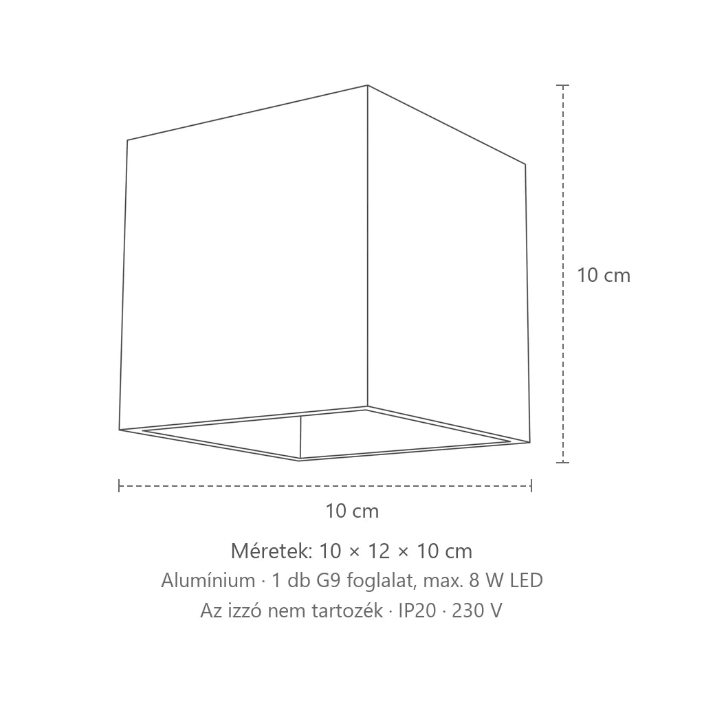 Kocka alakú fel-le világító fali lámpa méretei (1 izzós – alumínium): 10 × 12 × 10 cm