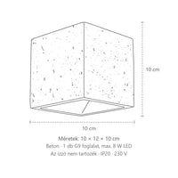Kocka alakú fel-le világító fali lámpa méretei (1 izzós – beton): 10 × 12 × 10 cm