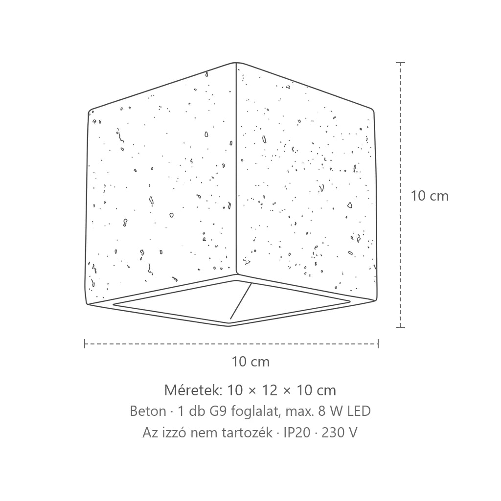 Kocka alakú fel-le világító fali lámpa méretei (1 izzós – beton): 10 × 12 × 10 cm