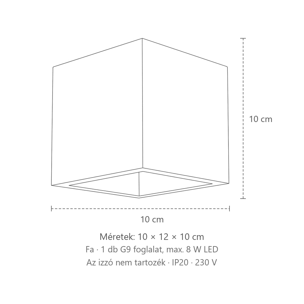 Kocka alakú fel-le világító fali lámpa méretei (1 izzós – fa): 10 × 12 × 10 cm