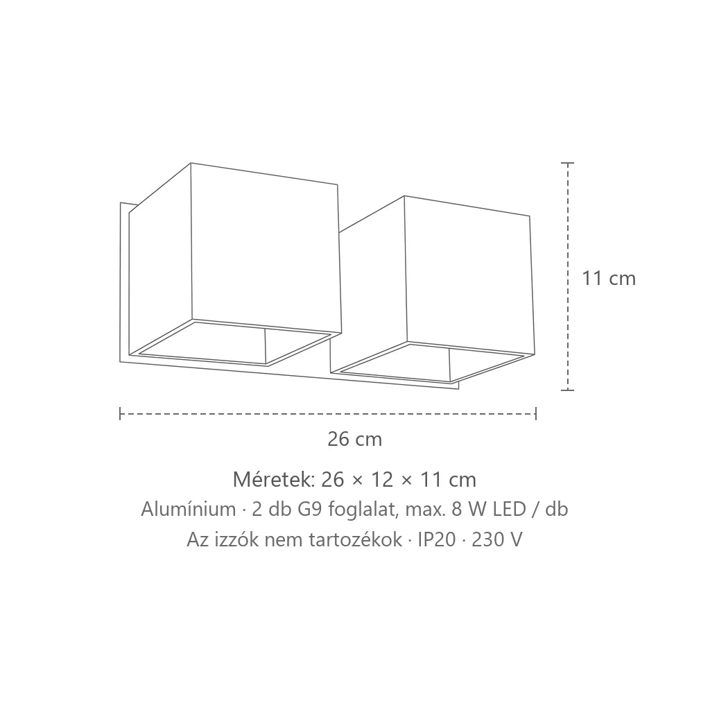 Kocka alakú fel-le világító fali lámpa méretei (2 izzós – alumínium): 26 × 12 × 11 cm