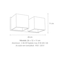 Kocka alakú fel-le világító fali lámpa méretei (2 izzós – alumínium): 26 × 12 × 11 cm