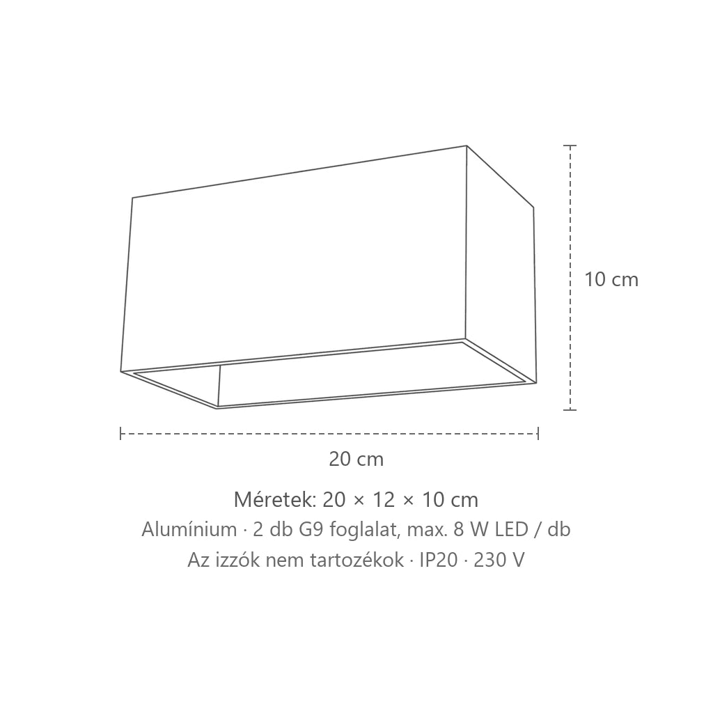 Kocka alakú fel-le világító fali lámpa méretei (2 izzós – Maxi – alumínium): 20 × 12 × 10 cm