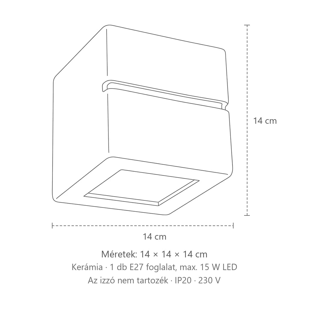 Kocka alakú kerámia fali lámpa fénycsíkkal méretei: 14 × 14 × 14 cm