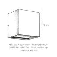 A kocka LED fali lámpa méretei: 10 × 10 × 10 cm, IP65 védettség