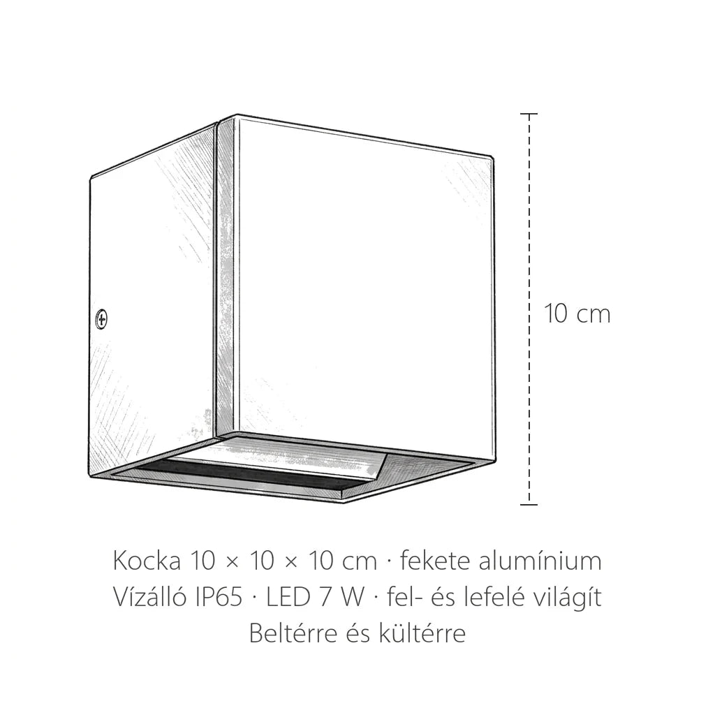 A kocka LED fali lámpa méretei: 10 × 10 × 10 cm, IP65 védettség