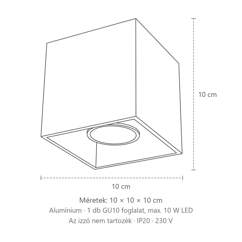 Kocka alakú mennyezeti spotlámpa méretei (1 spot – alumínium): 10 × 10 × 10 cm