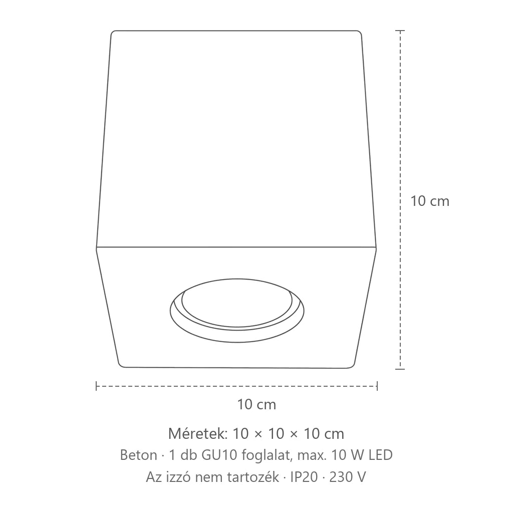 Kocka alakú mennyezeti spotlámpa méretei (1 spot – beton): 10 × 10 × 10 cm