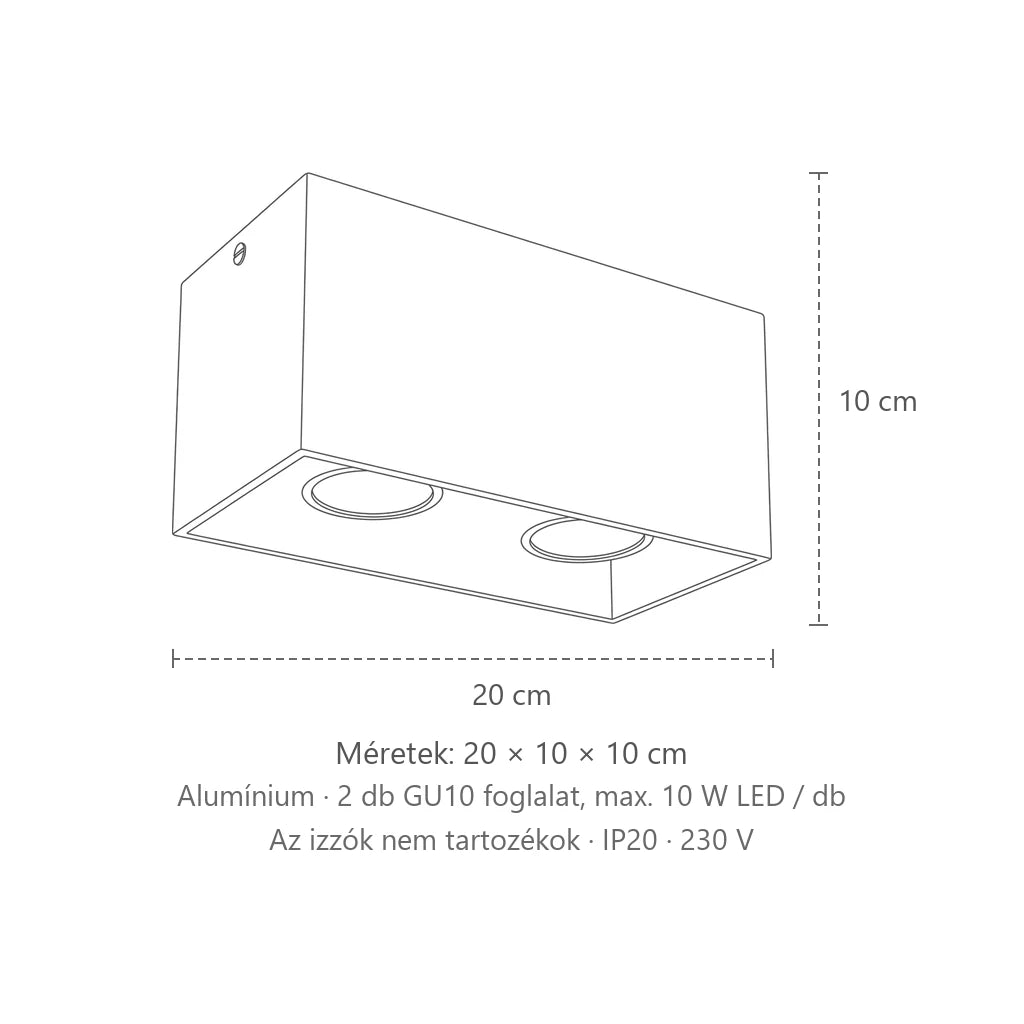 Kocka alakú mennyezeti spotlámpa méretei (2 spot – alumínium – 20 × 10 cm): 20 × 10 × 10 cm