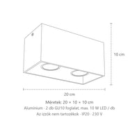 Kocka alakú mennyezeti spotlámpa méretei (2 spot – alumínium – 20 × 10 cm): 20 × 10 × 10 cm