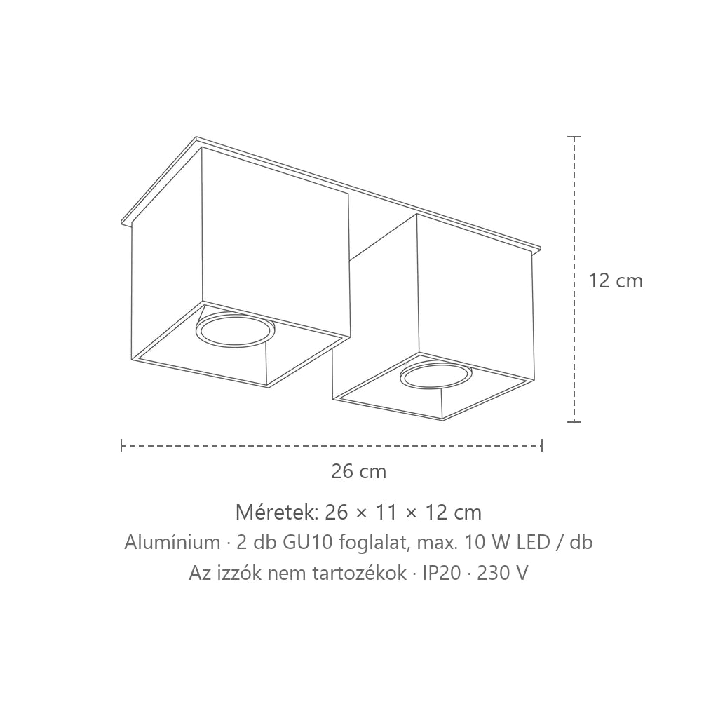 Kocka alakú mennyezeti spotlámpa méretei (2 spot – alumínium – 26 × 11 cm): 26 × 11 × 12 cm