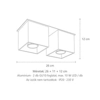 Kocka alakú mennyezeti spotlámpa méretei (2 spot – alumínium – 26 × 11 cm): 26 × 11 × 12 cm