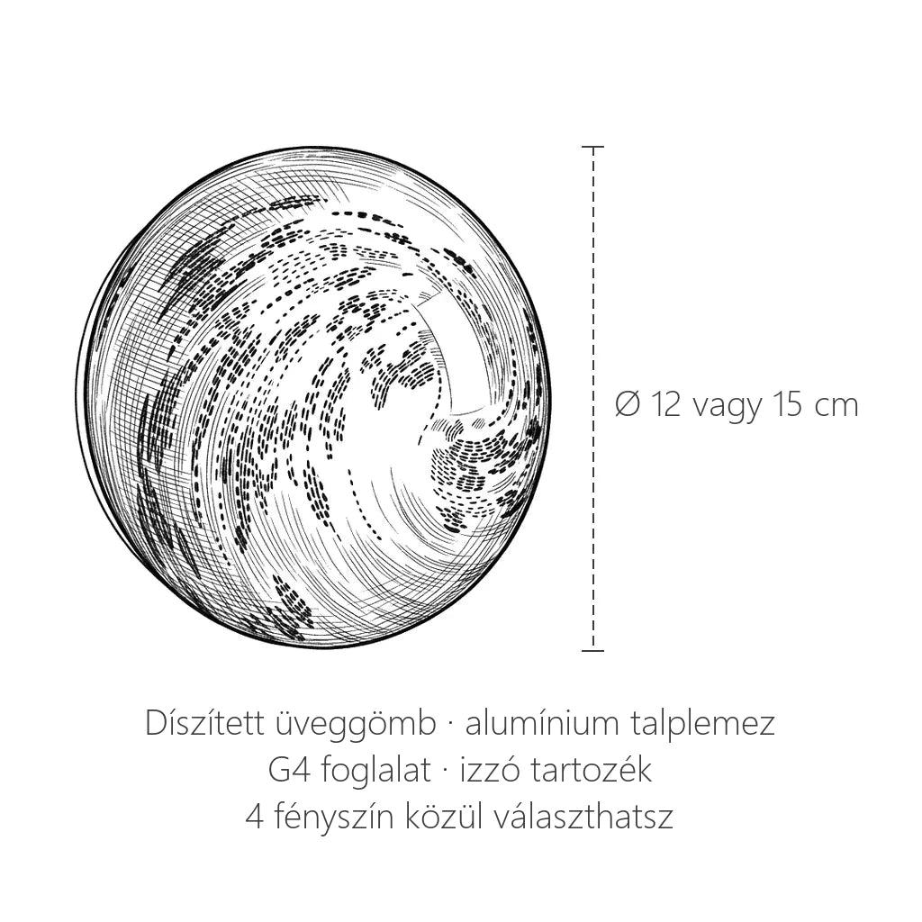 Konfettis üveggömb fali lámpa méretei: Ø 12 vagy 15 cm