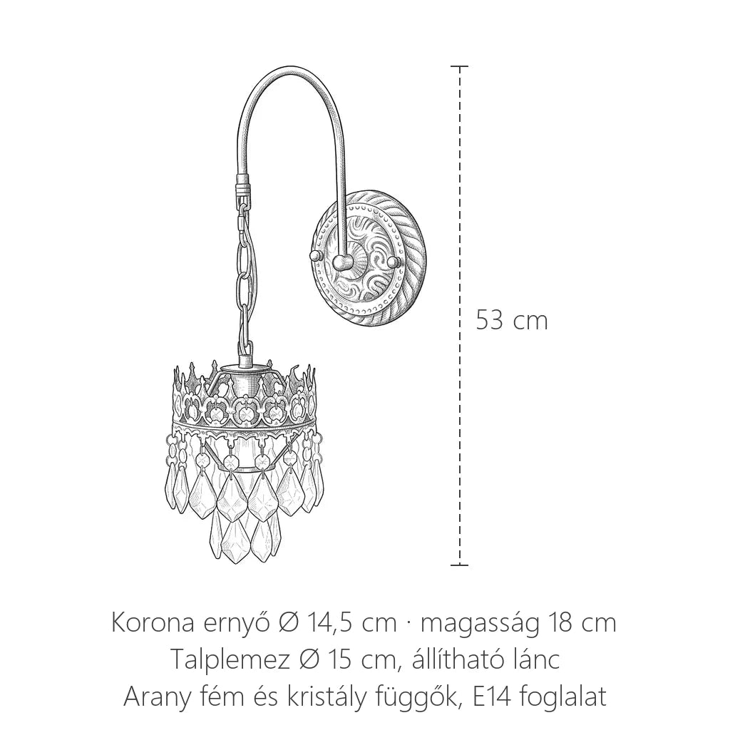 A korona kristály fali lámpa méretei: magasság 53 cm, ernyő Ø 14,5 cm