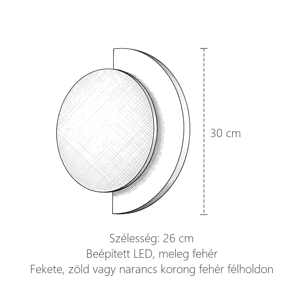 Korong és félhold LED fali lámpa méretei: 30 cm magas, 26 cm széles