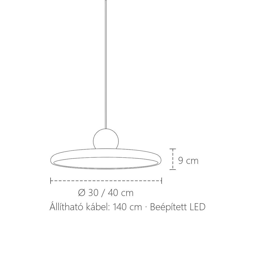Korong LED függesztő lámpa méretei: Ø 30 vagy 40 cm, 9 cm magas