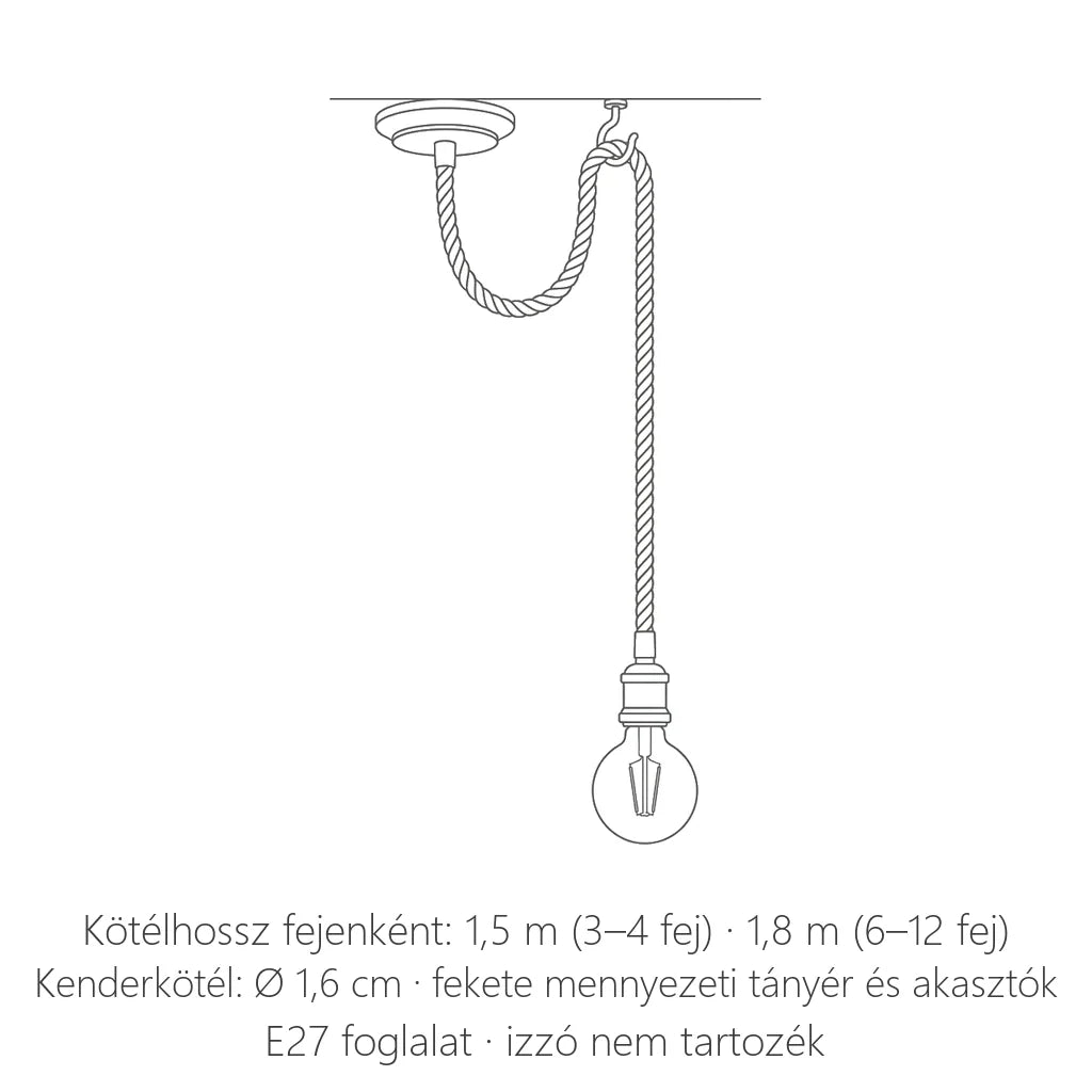 Kötél pók csillár: Ø 1,6 cm kötél, 1,5–1,8 m fejenként