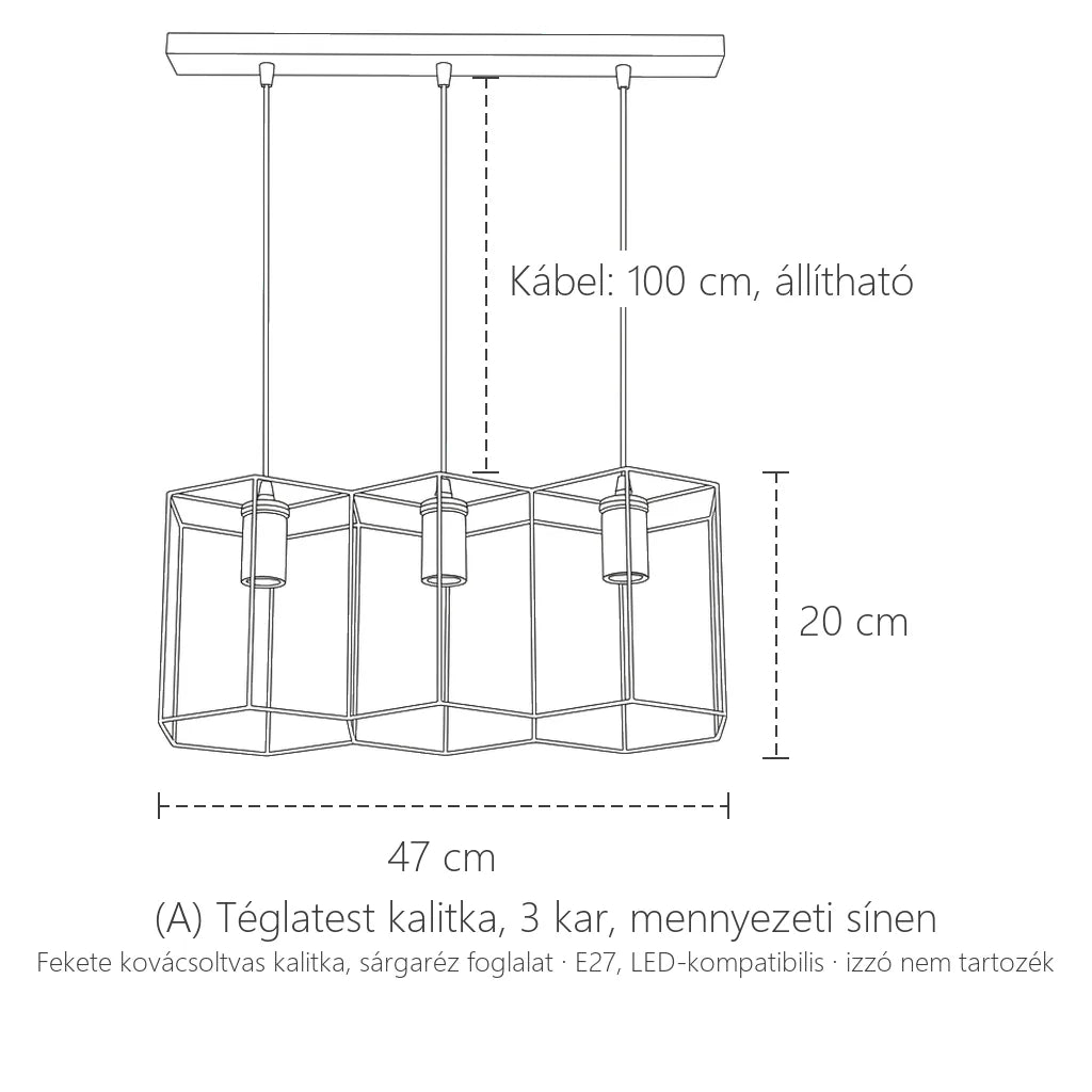 (A) Téglatest kalitkás lámpa, 3 kar: 47 × 20 cm