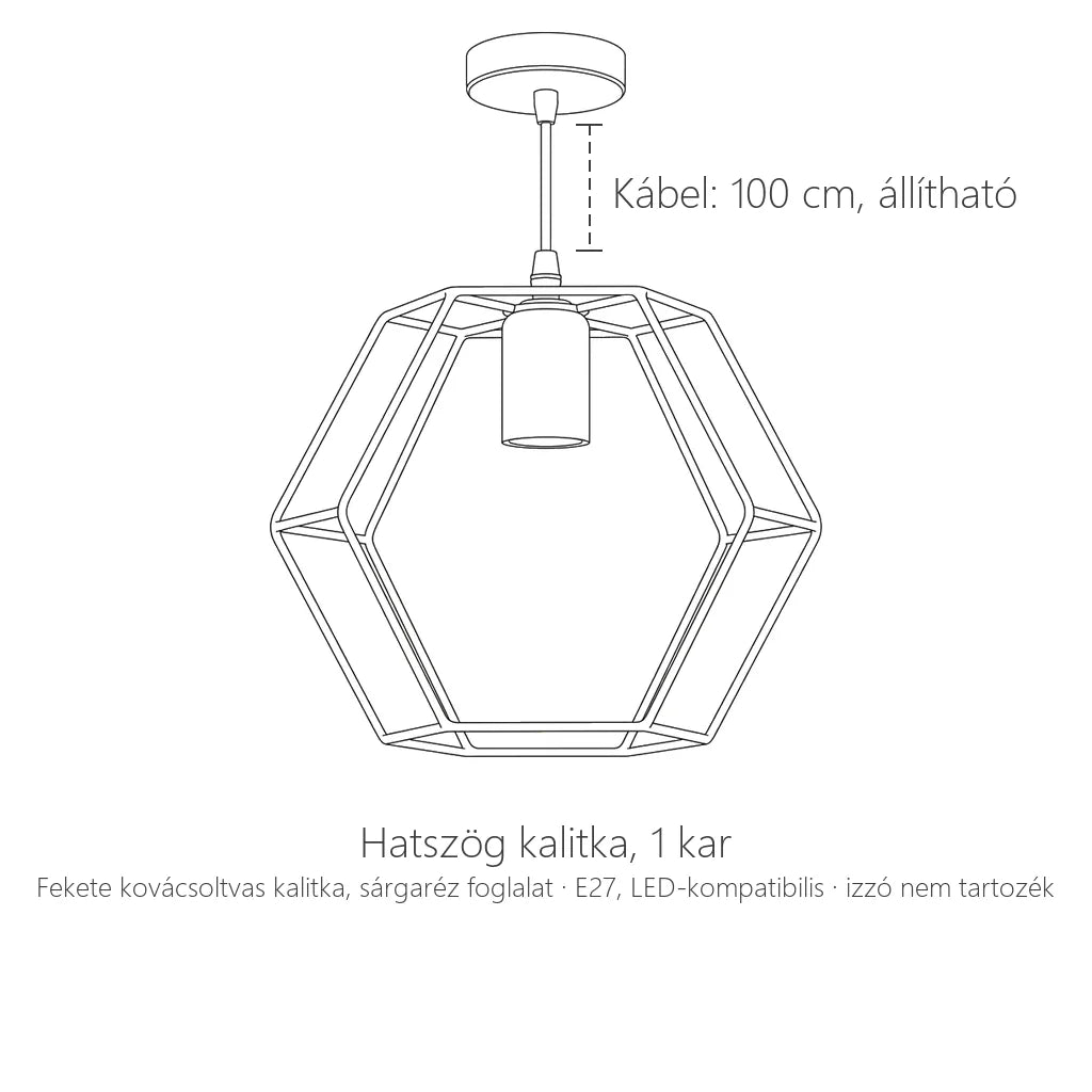 Hatszög kalitkás függőlámpa, 1 kar: műszaki rajz