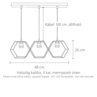 Hatszög kalitkás lámpa, 3 kar: 48 × 26 cm