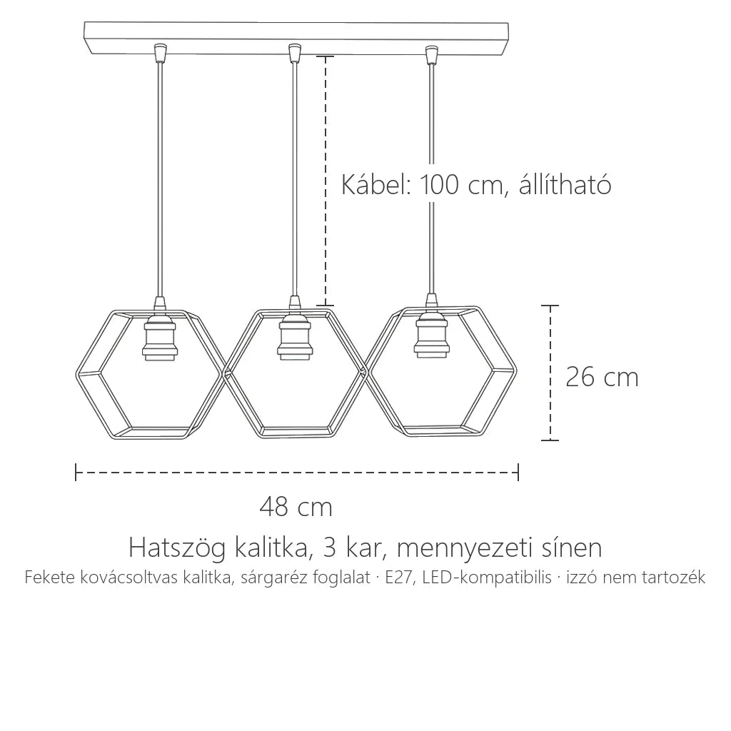 Hatszög kalitkás lámpa, 3 kar: 48 × 26 cm