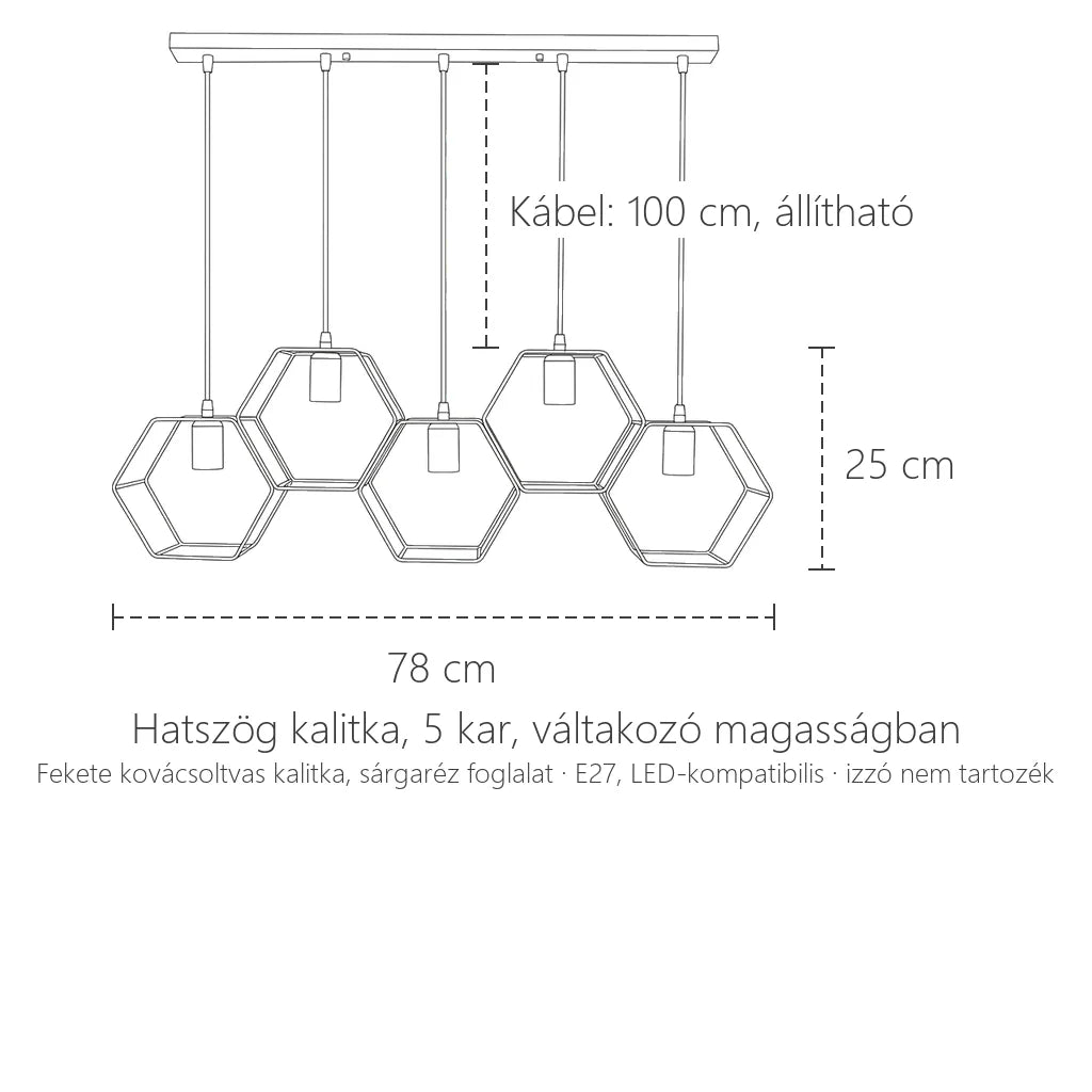 Hatszög kalitkás lámpa, 5 kar: 78 × 25 cm
