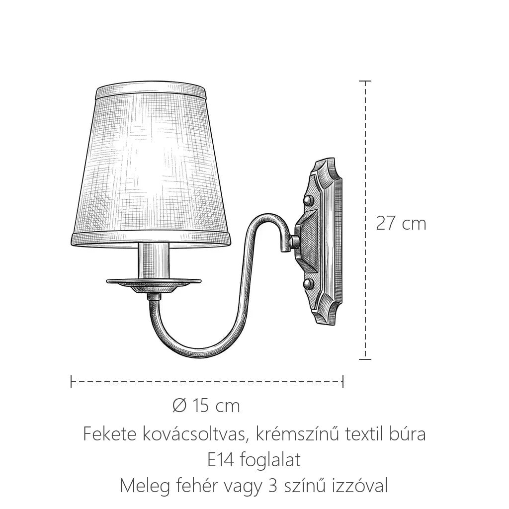 Kovácsoltvas textilbúrás fali lámpa méretei: 27 cm, búra Ø 15 cm
