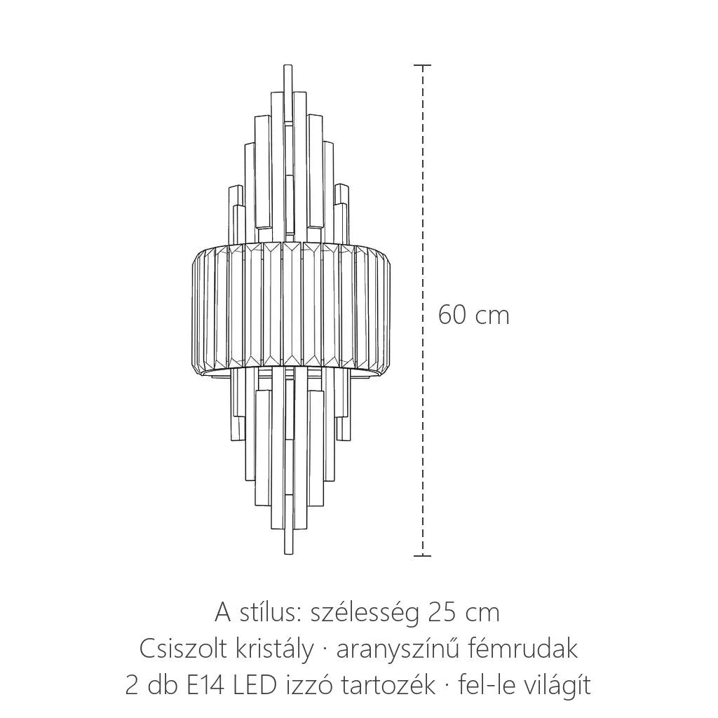 Kristály és aranyrudas fali lámpa, A stílus méretei: 60 cm magas, 25 cm széles