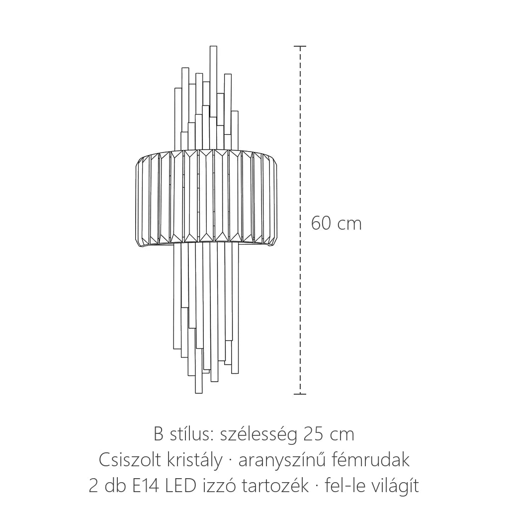 Kristály és aranyrudas fali lámpa, B stílus méretei: 60 cm magas, 25 cm széles