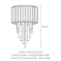 Kristály és aranyrudas fali lámpa, C stílus méretei: 38 cm magas, 25 cm széles