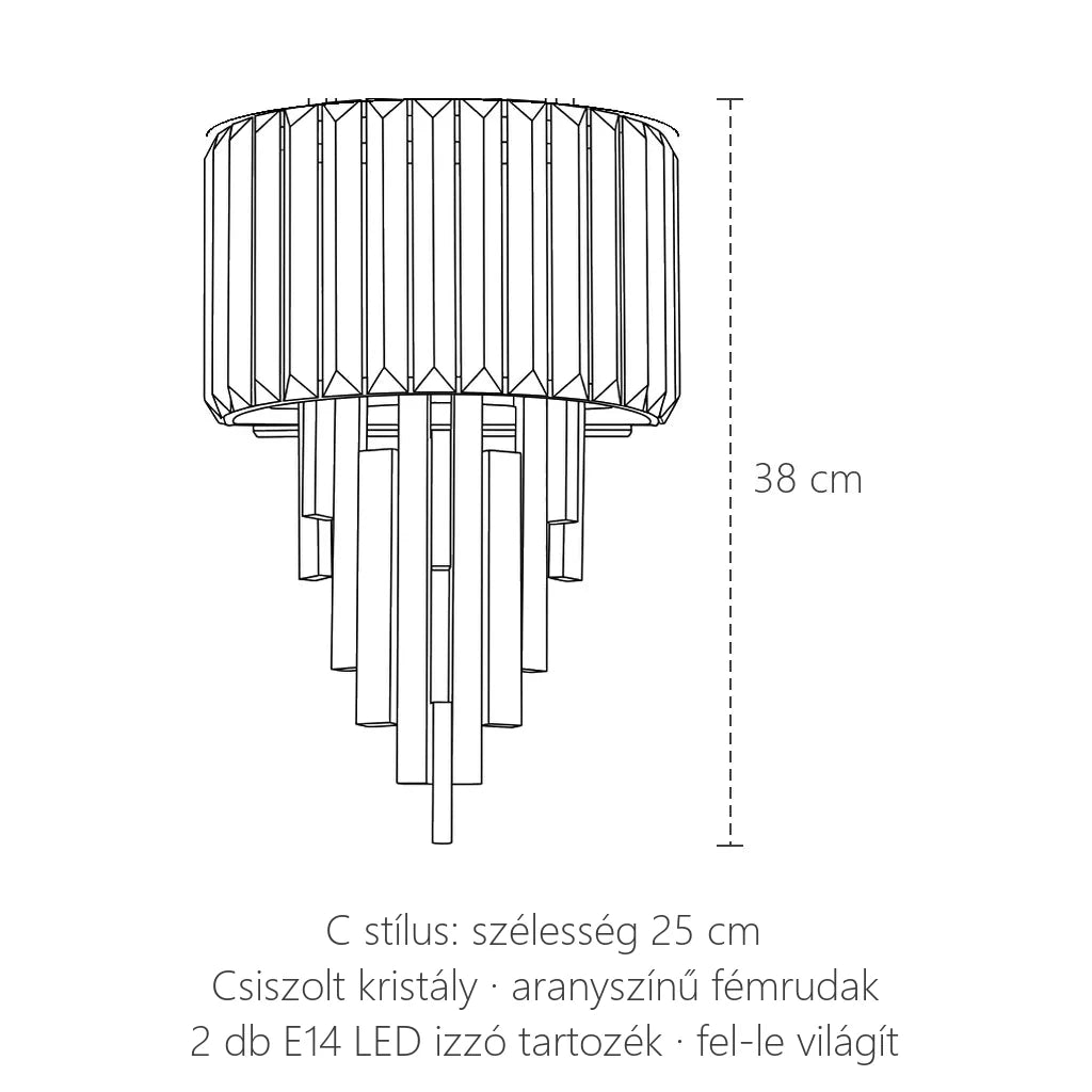 Kristály és aranyrudas fali lámpa, C stílus méretei: 38 cm magas, 25 cm széles