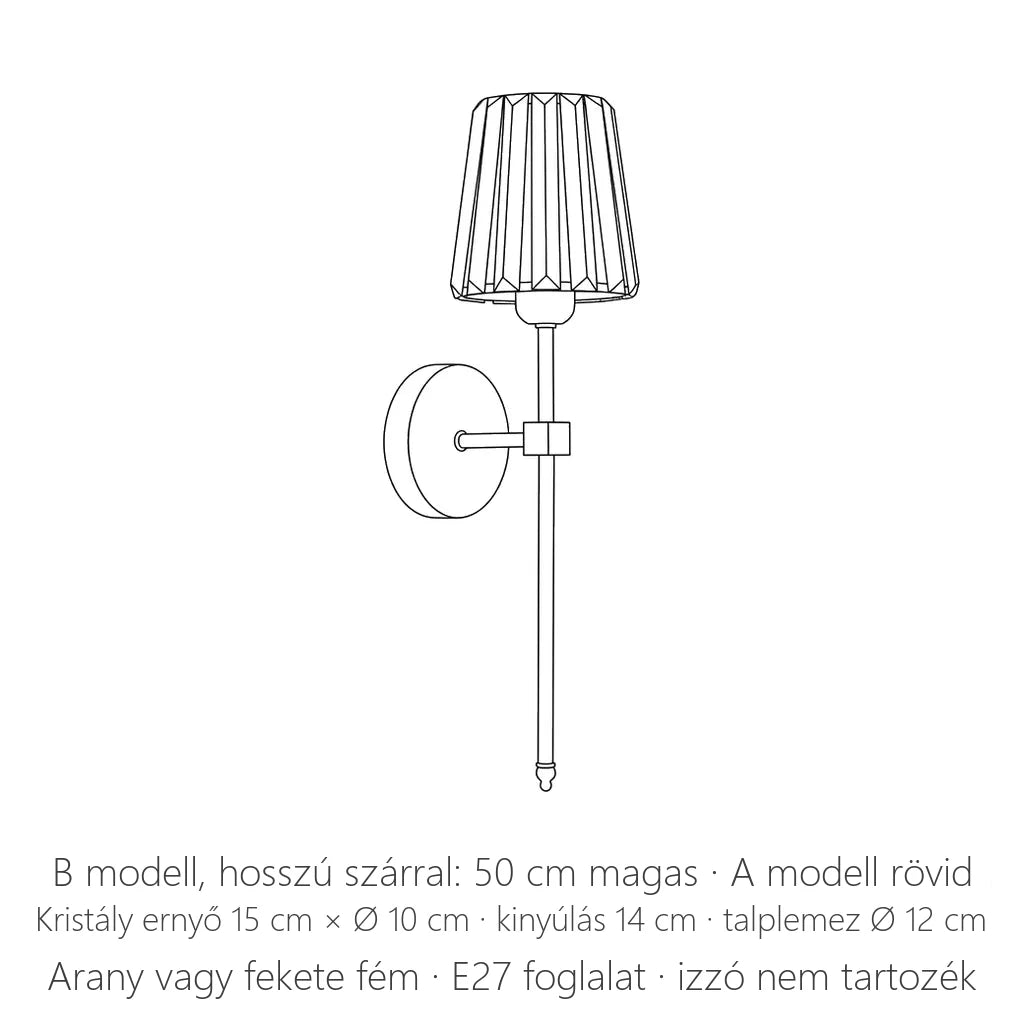 A kristály ernyős art deco fali lámpa méretei: B modell 50 cm magas, ernyő 15 × Ø 10 cm