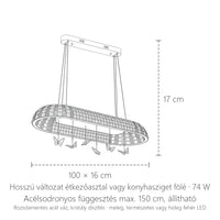 Hosszú kristály csillár méretei: 100 × 16 cm, 17 cm magas