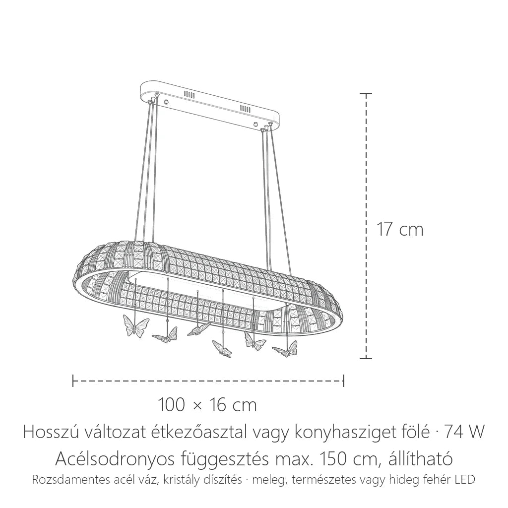 Hosszú kristály csillár méretei: 100 × 16 cm, 17 cm magas