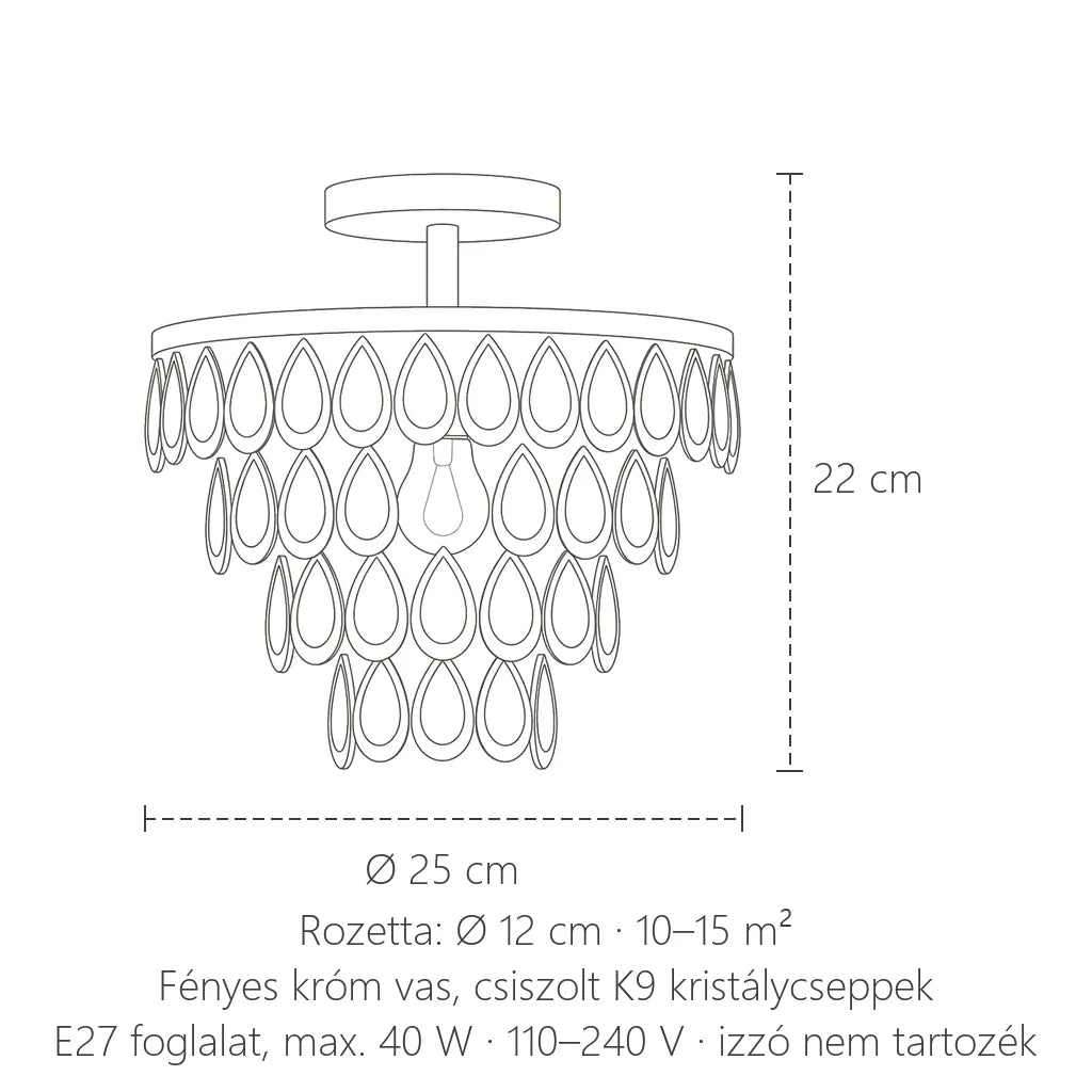 Kristálylámpa méretei: Ø 25 cm, 22 cm magas