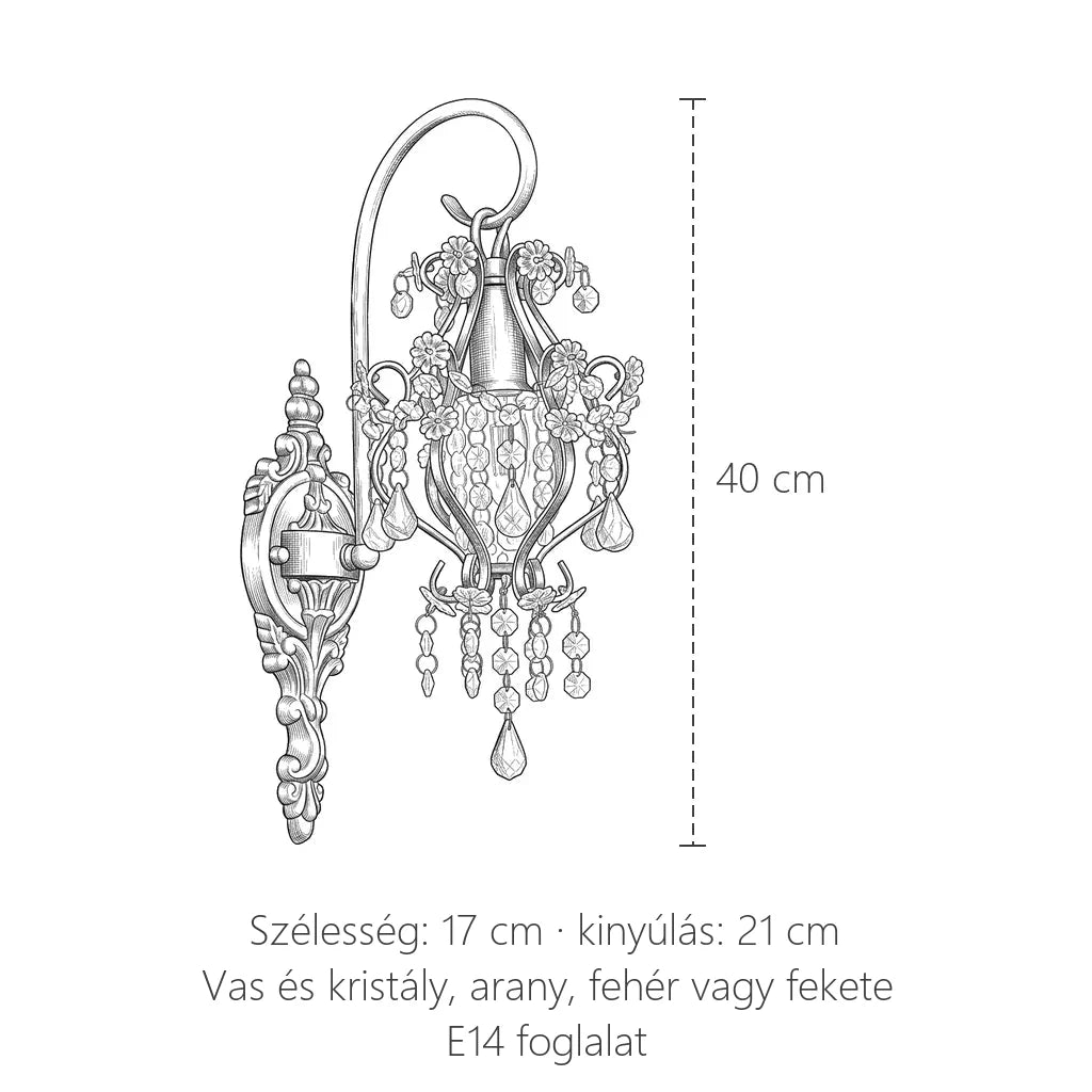 Kristály lámpás barokk fali lámpa méretei: 40 × 17 cm, kinyúlás 21 cm
