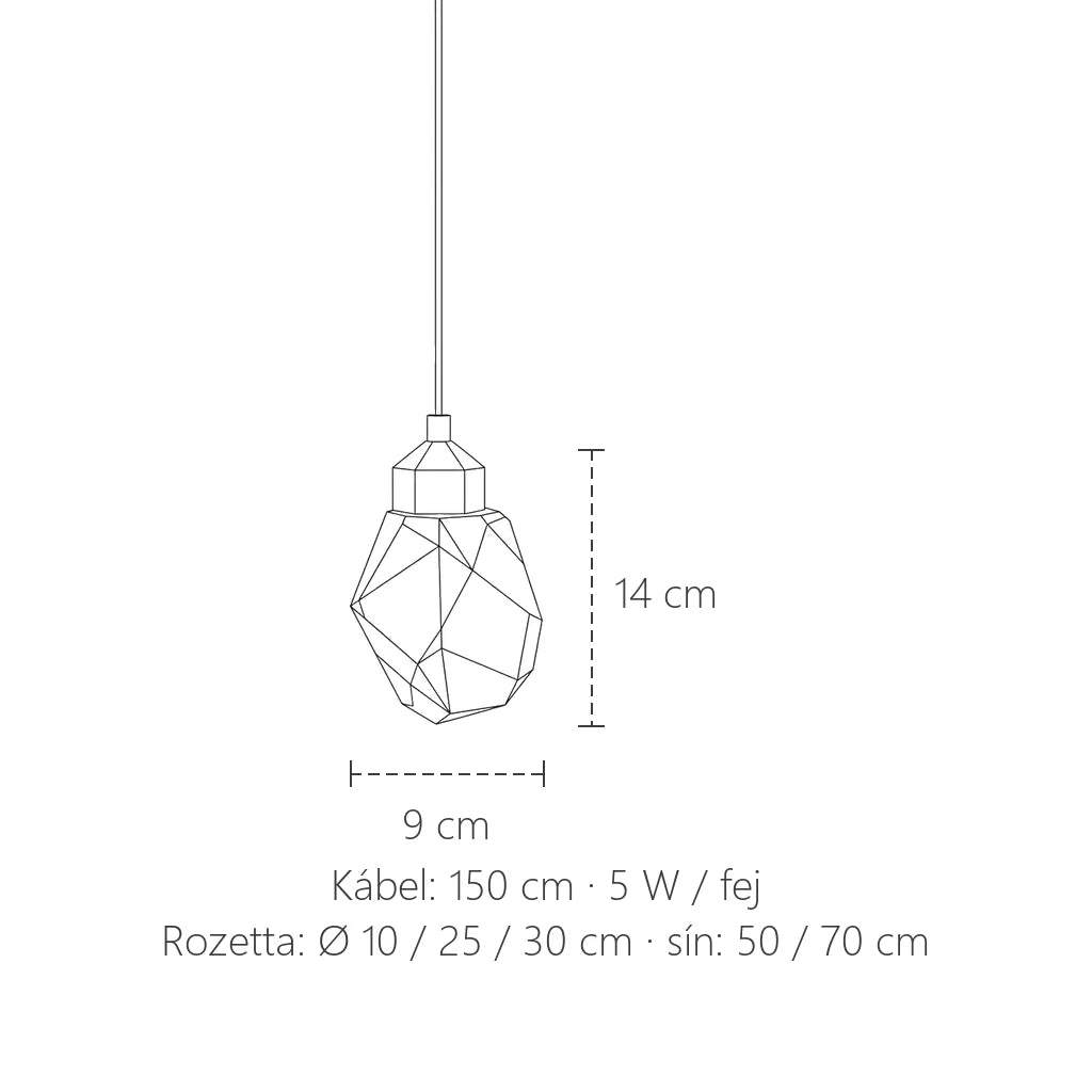 Kristály LED csillár méretei: 9 × 14 cm kristály, 150 cm kábel
