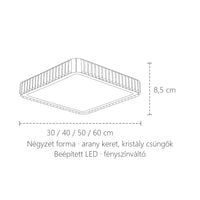 Négyzet kristály mennyezeti lámpa méretei: 30–60 cm, 8,5 cm magas