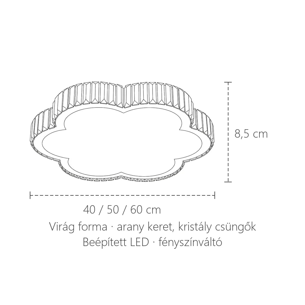 Virág kristály mennyezeti lámpa méretei: 40–60 cm, 8,5 cm magas