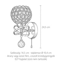 A kristálygömbös fali lámpa méretei: 24,5 × 14,5 cm