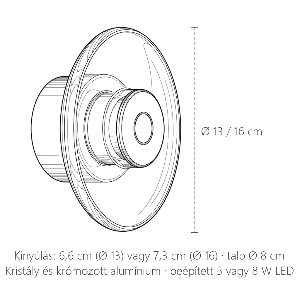 Kristálykorong LED fali lámpa méretei: Ø 13 vagy 16 cm