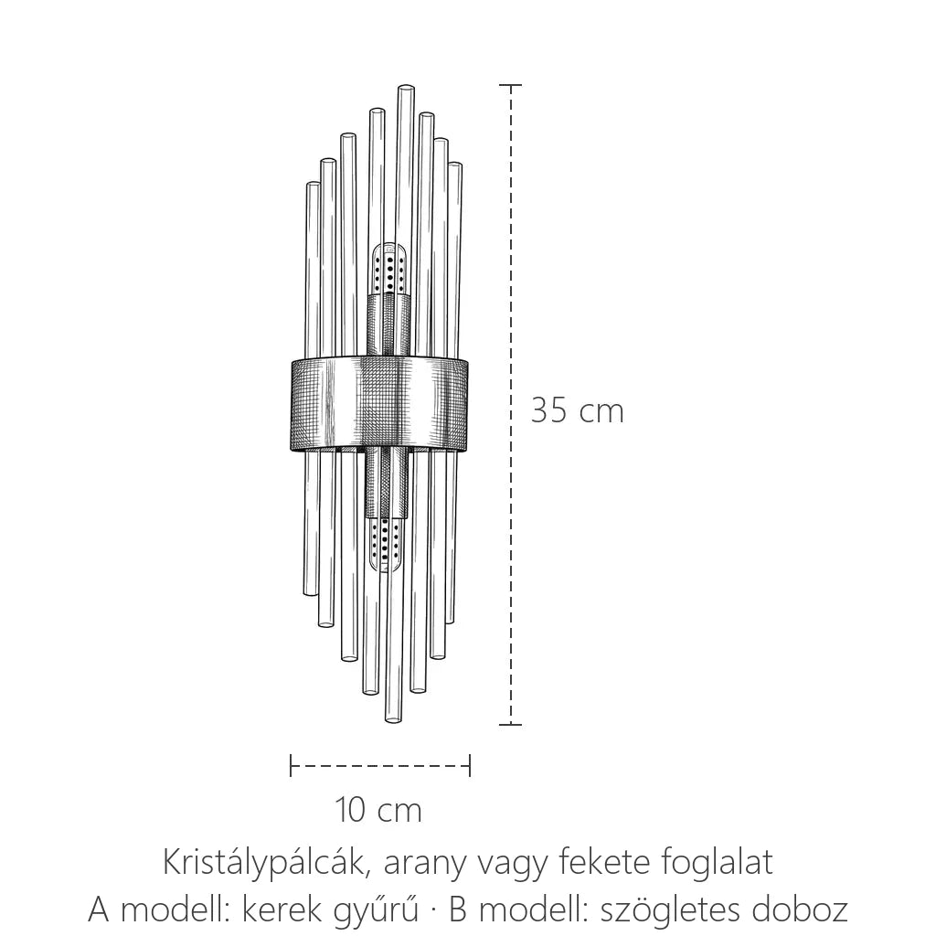 Kristálypálcás art deco fali lámpa méretei: 35 cm magas, 10 cm széles