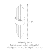 Kristálypálcás fali lámpa méretei: 35 cm magas, 10 cm széles