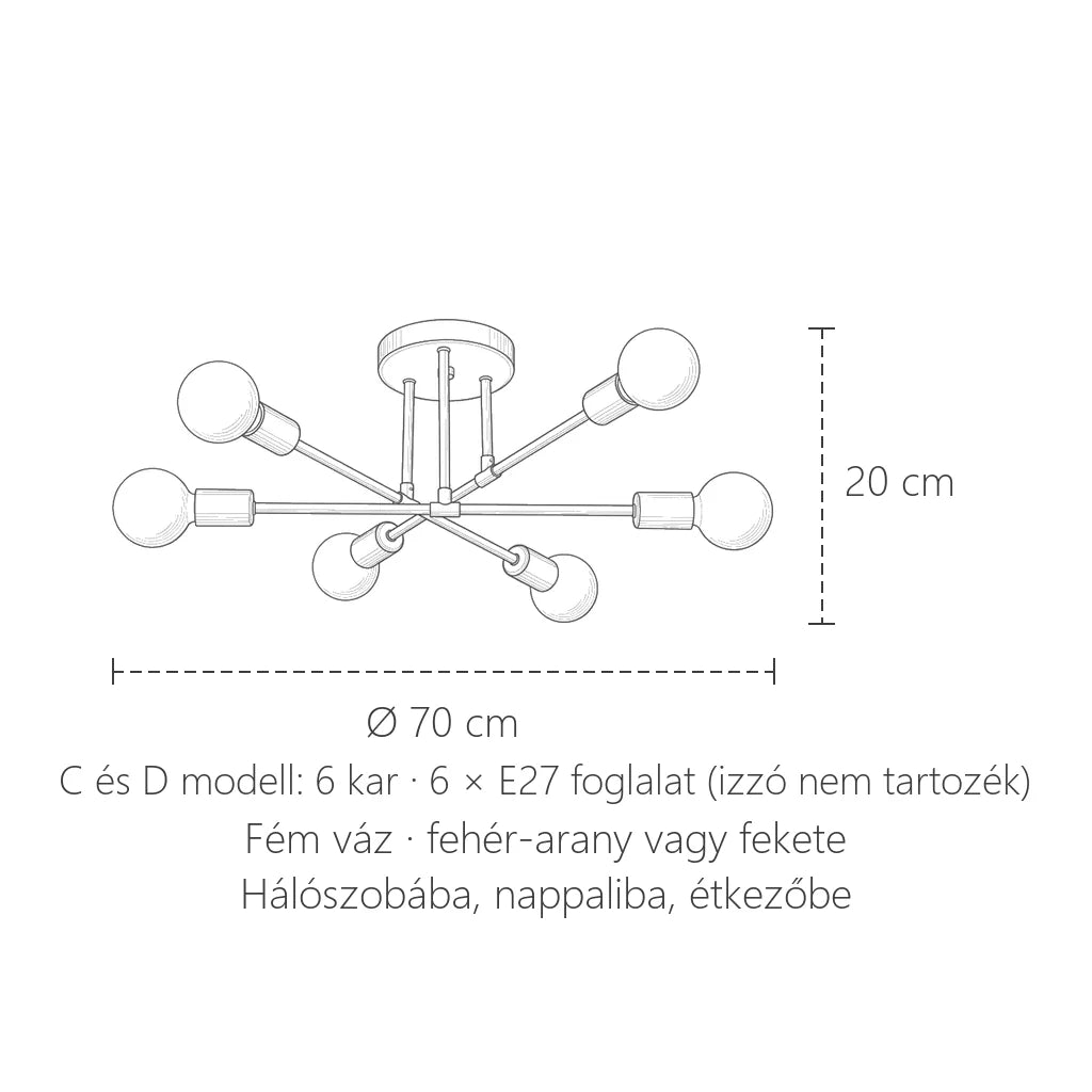 Hatkarú lámpa méretei: Ø 70 cm, 20 cm magas