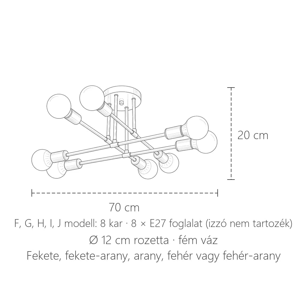 Nyolckarú lámpa méretei: 70 cm, 20 cm magas